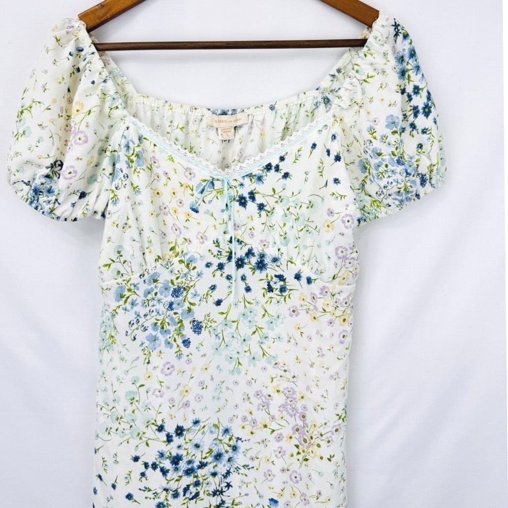 Monteau Floral Babydoll Midi Dress Size L Cottagecore Lace Trim Peasant Milkmaid - Picture 6 of 10